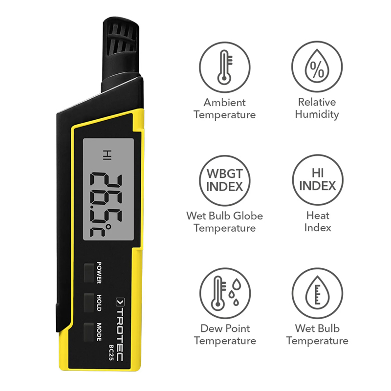 Termohigrometru Trotec, BC25, cu indice de caldura (HI) si afisaj al temperaturii resimtite (WBGT)