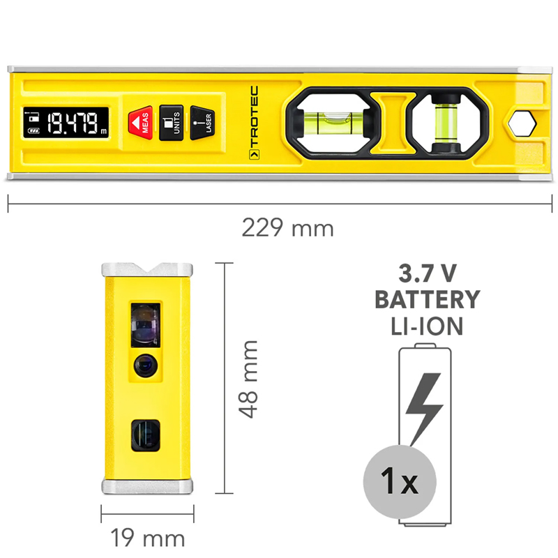 Aparat de masurat 3-in-1, nivela cu 2 bule, nivela laser, telemetru, tip BD1L, Trotec