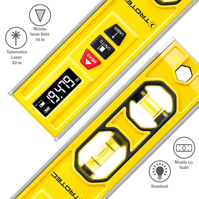 Aparat de masurat 3-in-1, nivela cu 2 bule, nivela laser, telemetru, tip BD1L, Trotec